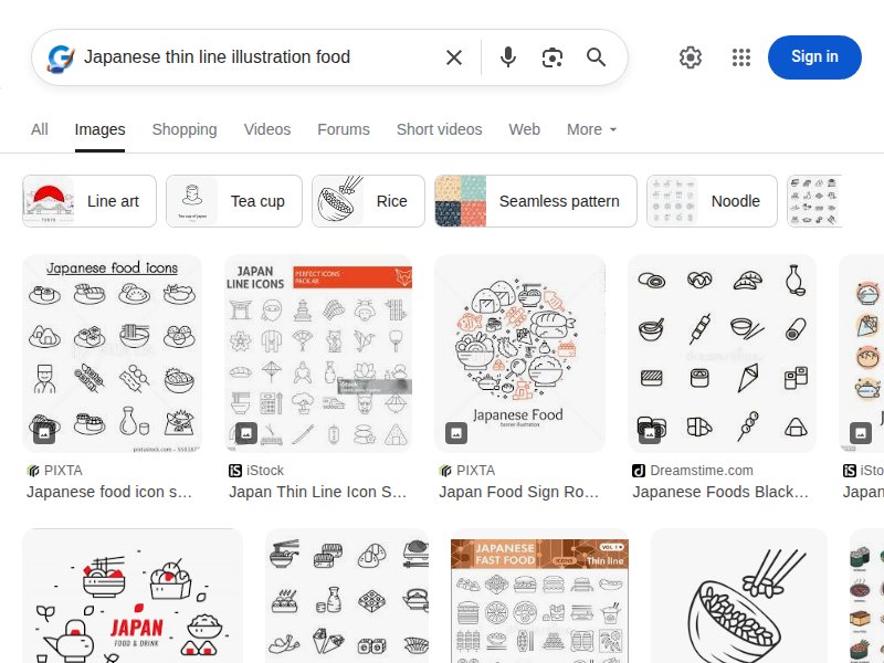 Google Image search for Japanese thin line illustration food